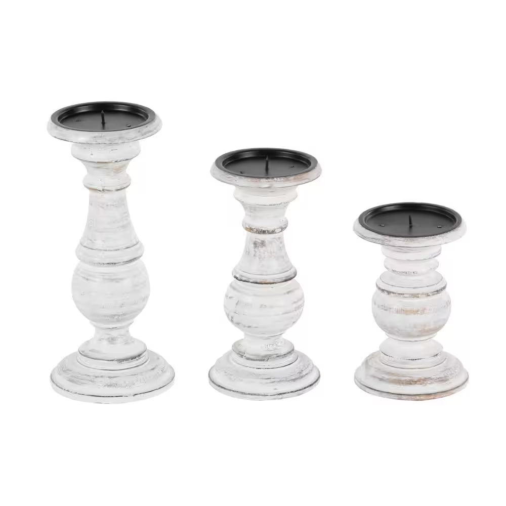 White Mango Wood Turned Style Pillar Candle Holder (Set of 3)