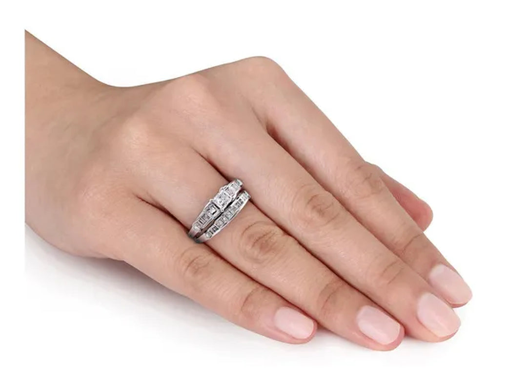 Princess Cut 1.0 Carat (ctw Color G-H Clarity I2_I3) Diamond Engagement Ring & Wedding Band  14K White Gold