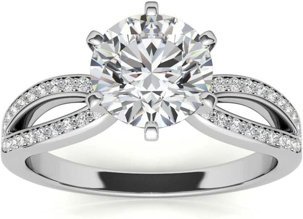 10K White Gold and 925 Sterling Silver 0.87 Carat round Brilliant Shape White Color Moissanite Diamond Pave Split Shank Wedding Ring for Her
