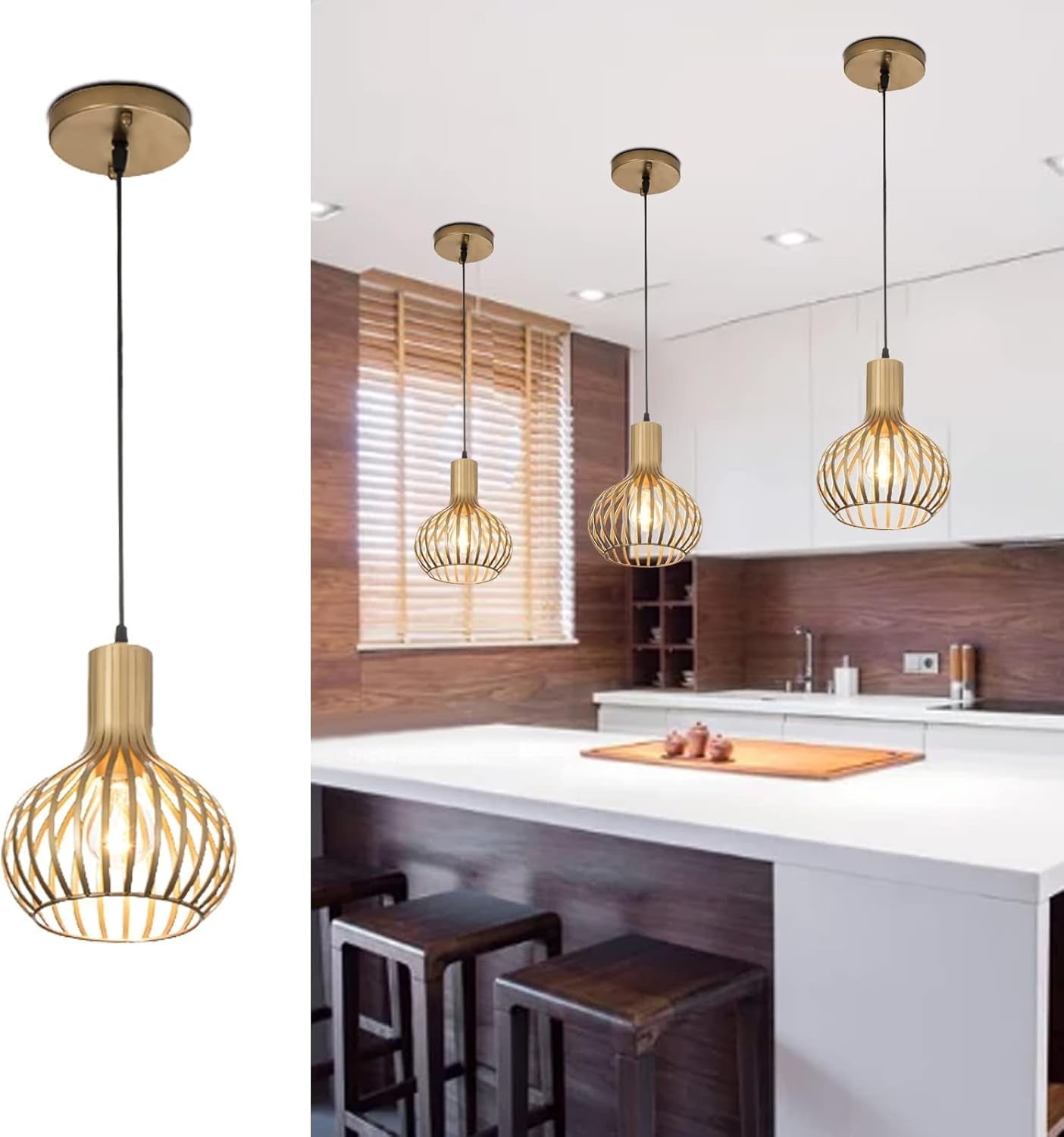 Gold Pendant Light Fixtures,Hanging Pendant Light with Metal Cage Shade for Kitchen Island,Bar,Living Room Dinning Room E26