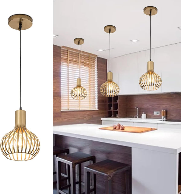 Gold Pendant Light Fixtures,Hanging Pendant Light with Metal Cage Shade for Kitchen Island,Bar,Living Room Dinning Room E26