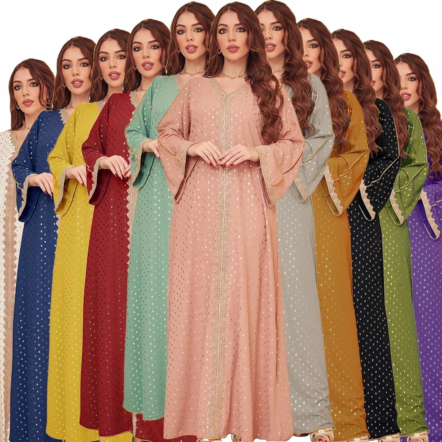 Womens Muslim Abaya Dress One-Piece V Neck Bronzing Dress Islamic Full Length Kaftan Daily Casual Dress