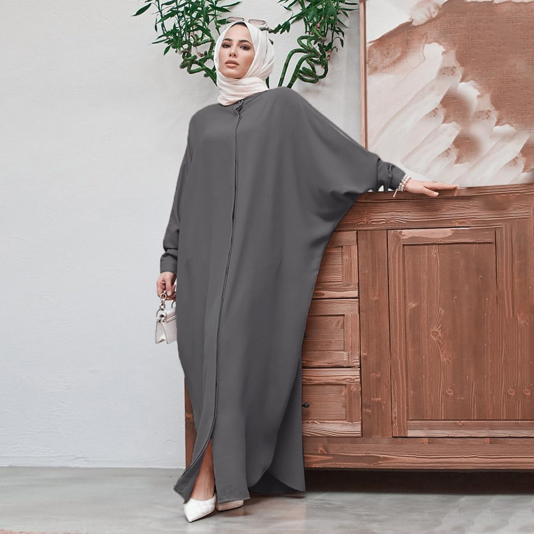 Women'S Muslim Dress Ramadan Abaya Batwing Sleeve Henley Shirt Prayer Kaftan Dubai Islamic Dress