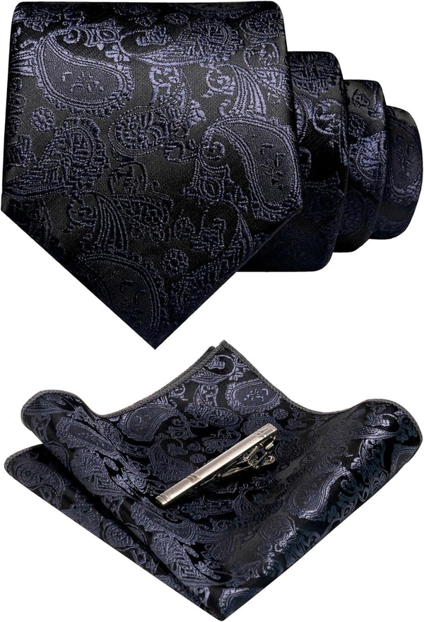 Mens Solid Color Paisley Necktie and Pocket Square with Tie Clip Sets