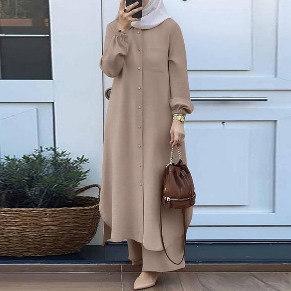 Women'S Muslim 2 Pieces Sets Long Sleeve Button down Shirt and Pants Abaya Casual Dress Dubai Outfits
