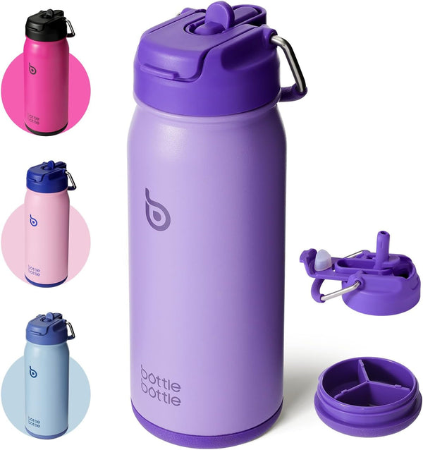 16 Oz Sports Water Bottle Stainless Steel Insulated Kids Water Bottle with Straw and Pills Holder for Gifts and School (Purple)