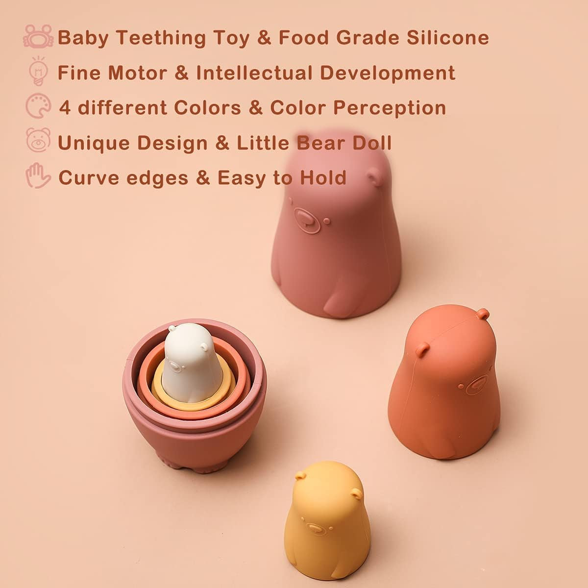 Russian Nesting Dolls for Kids Silicone Easter Toys Matryoshka Doll Montessori Educational Toy Bears Stacking Nesting Doll Toys for Toddlers 3 Years up (Red Doll)