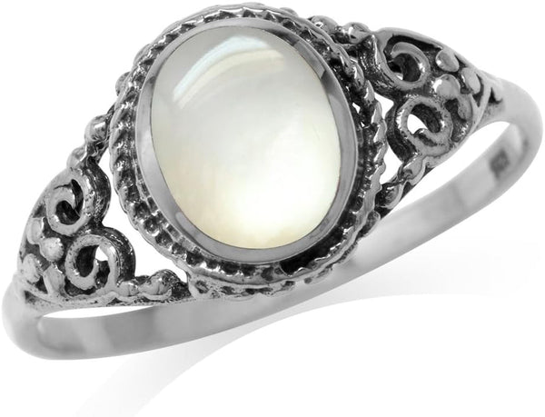 White Mother of Pearl Inlay 925 Sterling Silver Filigree Victorian Style Ring Size 9