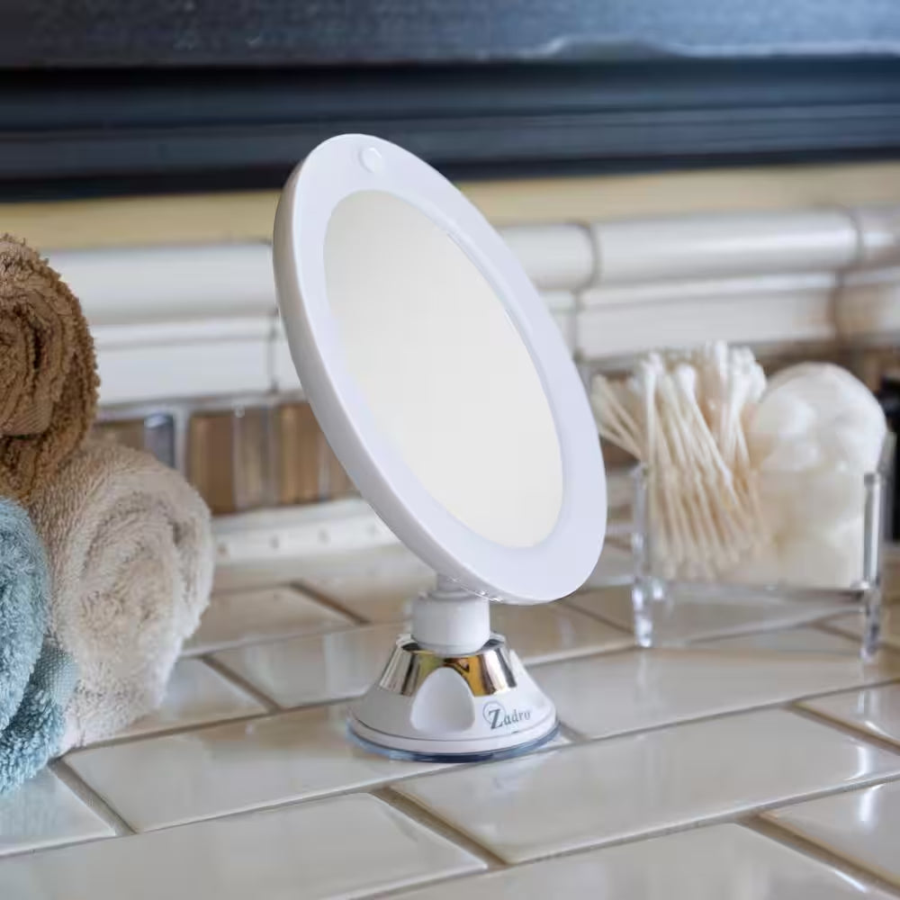 7.75 In. L X 6.5 In. W LED Lighted round Suction Cup Wall Mount 10X Magnification Beauty Makeup Mirror in White