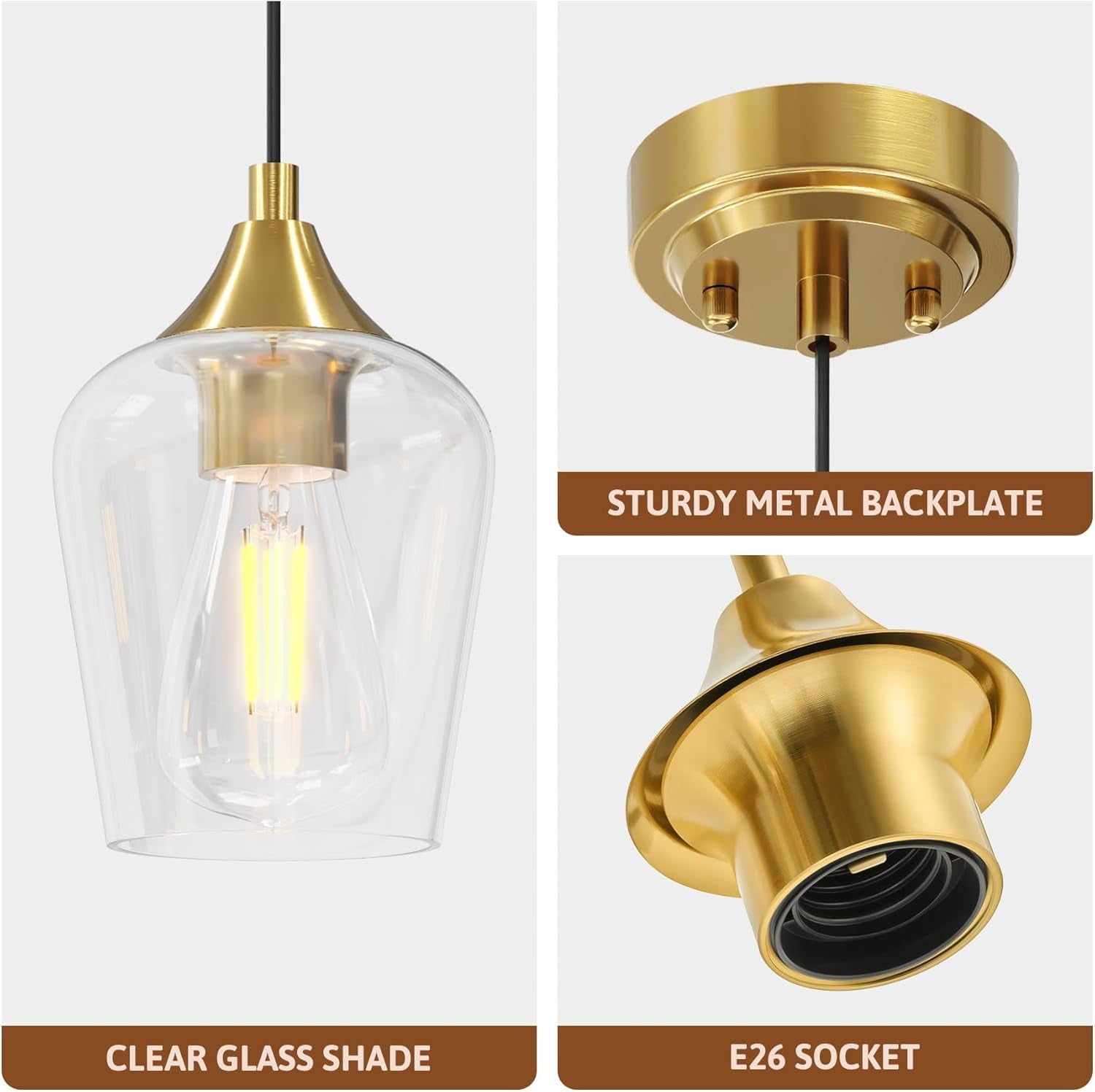 Pendant Light Kitchen Island, Brushed Gold Pendant Light Fixture with E26 Base & Adjustable Cable, Modern Pendant Lighting with Glass Shade for Living Room Bedroom Hallway