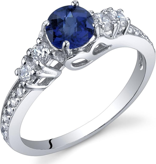 Created Blue Sapphire Women Ring 925 Sterling Silver, Enchanting Solstice Design, 0.75 Carat round 5Mm Sizes 5 to 9