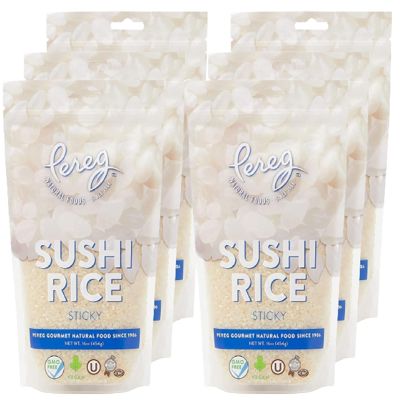 Natural Foods Sushi Rice (16 Oz/Bag X 6 Pack) - White Sticky Short Grain - Vegan, Non-Gmo, Made in USA, - Sushi, Rice Ball, and Everyday Japanese Dishes - Resealable Packaging