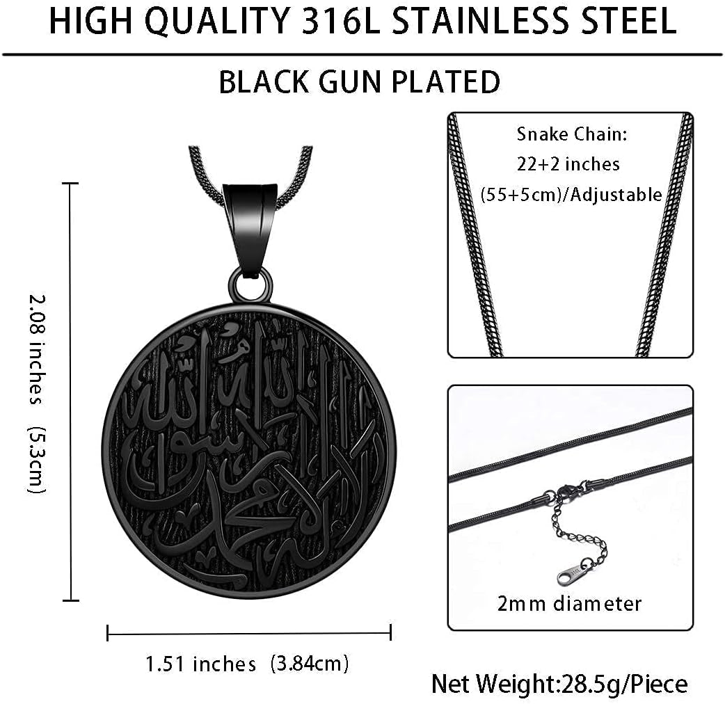 Men Islamic Pendant Necklace - Muslim Allah Necklace Allah Necklace Mens Muslim Islam Pendant 316L Stainless Steel Islamic Arabic Gift Black Gun/18K Gold Plated Islam Jewelry SP0049