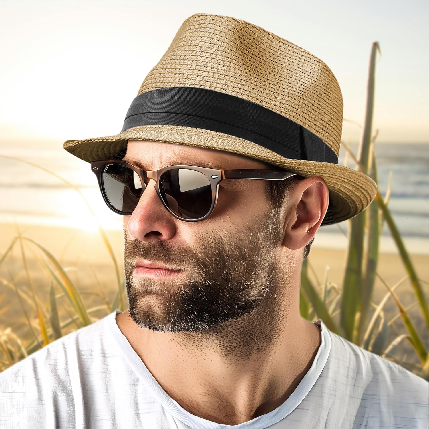 Straw Fedora Hat for Women Men Packable Short Brim Roll up Trilby Hat Panama Summer Beach Sun Hat UPF 50+
