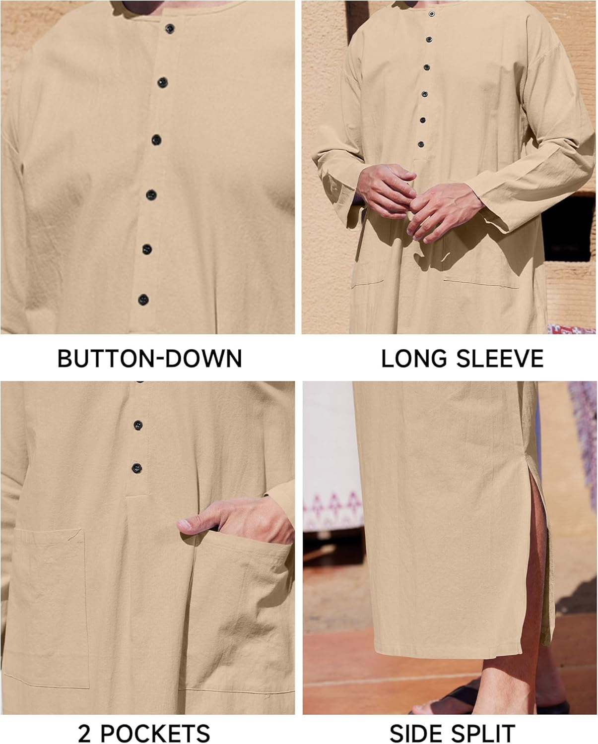 Men'S Kaftan Thobe Long Sleeve Muslim Robe Button up Side Split Kaftan Thobe with Pockets