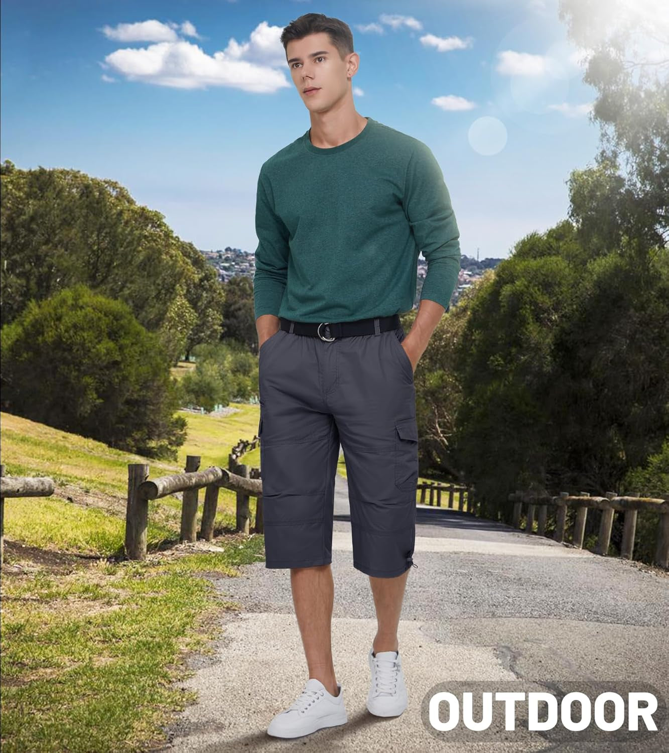 Men'S Cargo Shorts Casual Twill Elastic 3/4 Capri Pants below Knee Long Shorts with 7 Pockets
