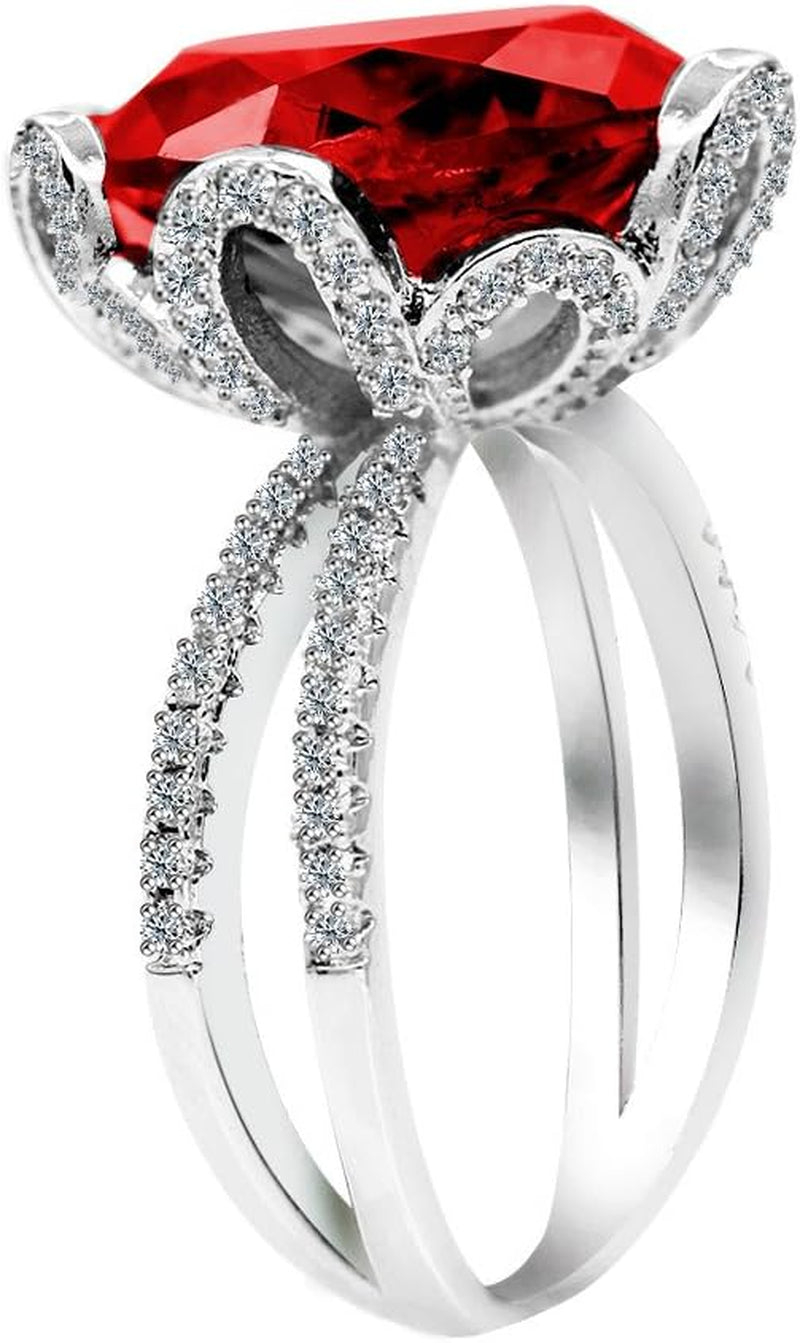 Female Unique Beautiful Red Flower Engagement Wedding Ring - Charm Created Garnet Diamond Jewelry for Women (Size 6 7 8 9 10) RJ212