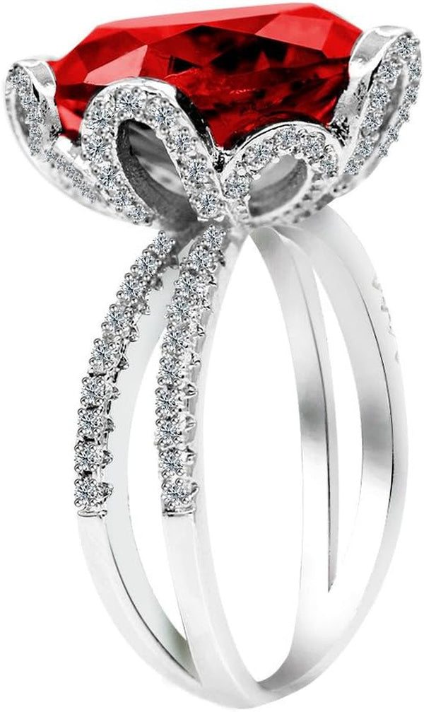 Female Unique Beautiful Red Flower Engagement Wedding Ring - Charm Created Garnet Diamond Jewelry for Women (Size 6 7 8 9 10) RJ212