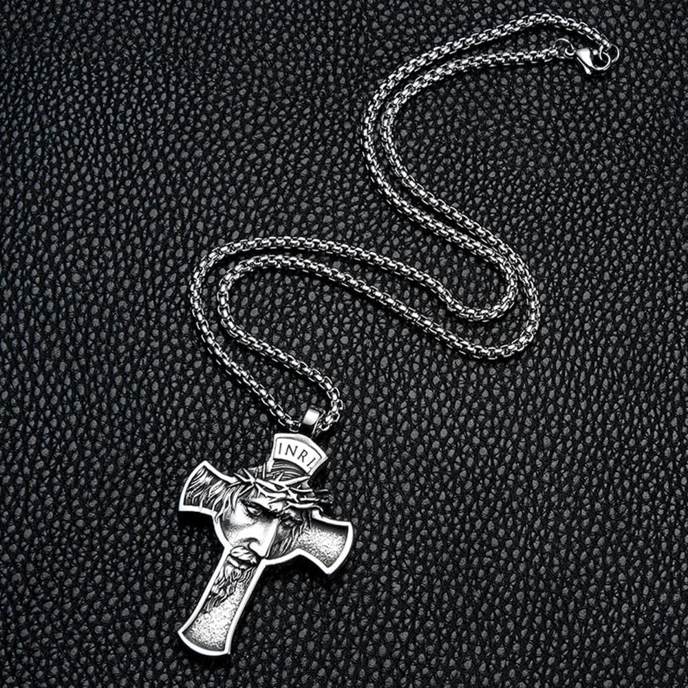 INRI Jesus Christ Necklace, Cross Pendant Necklace with Crown of Thorns Jesus