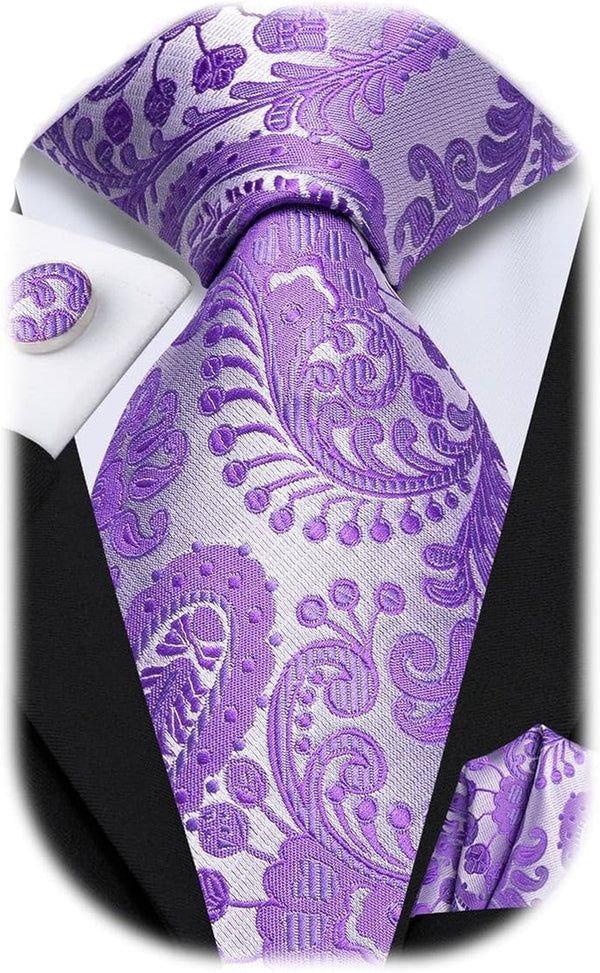 Mens Paisley Floral Silk Tie for Men Striped Necktie and Pocket Square Cufflinks Set Wedding Business