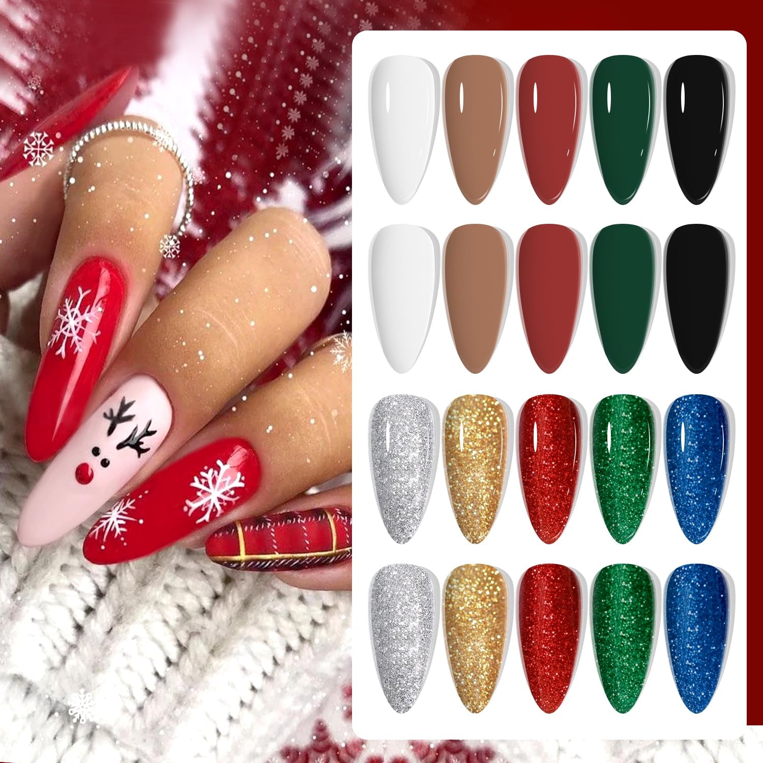 Christmas Day Gel Nail Polish Set - 10 Colors Gel Polish Set Red White Green Gold Silver Glitter Sparkle Gel Nail Kit Soak off Nail Art Manicure DIY Gifts for Women Classic