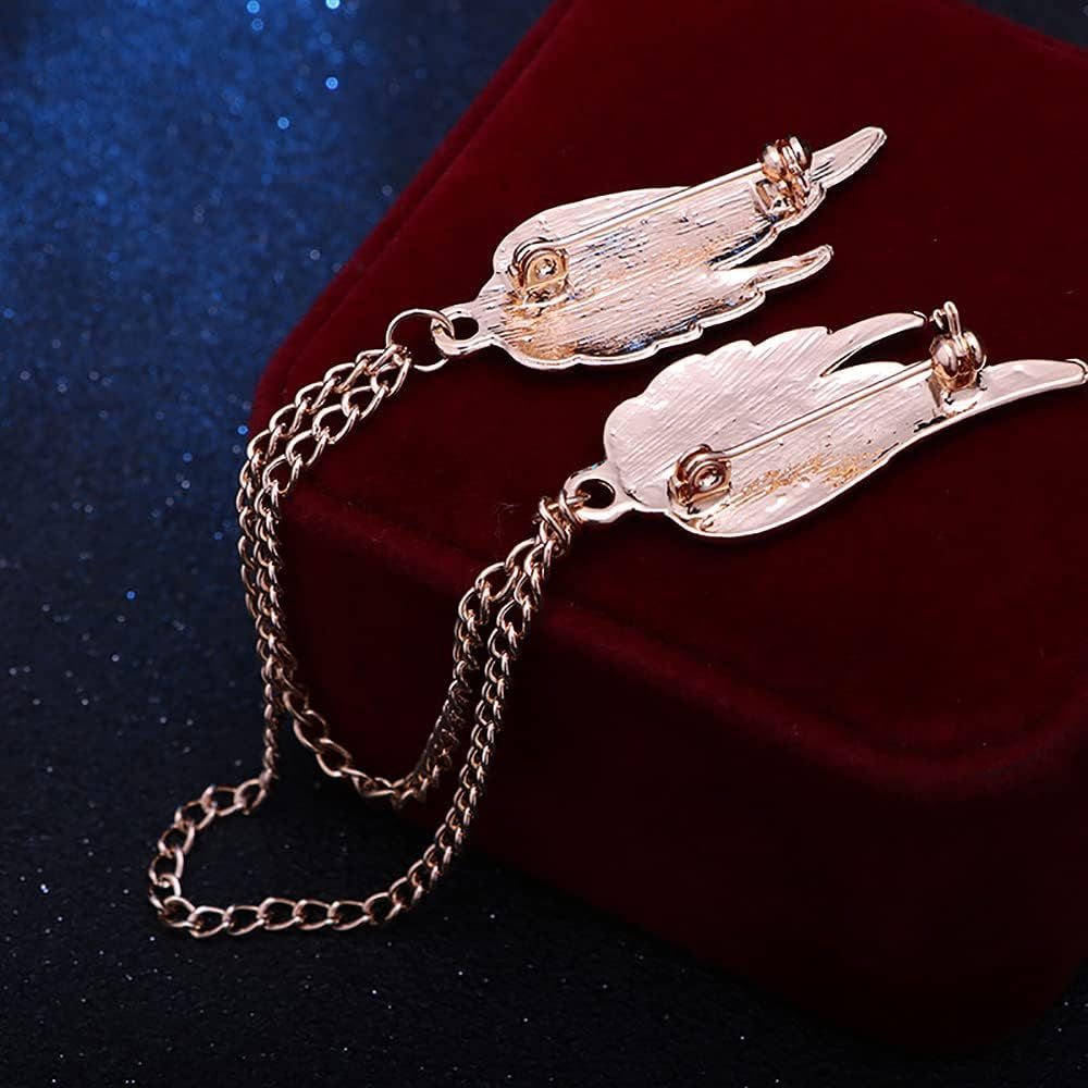 Angel Wings Tassel Chain Brooch Collar Pins. Rhinestone Metal Feather Lapel Pin, Suit Coat Breastpin for Women Men'S Accessories