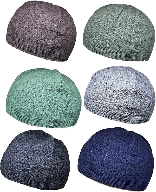Pack 6 Colors Muslim Beanie Prayer Cap Amn-334 Islam Kufi Hat Knit Crochet Taqiyah Takke Skull Topi Headware Eid Ramadan Gift