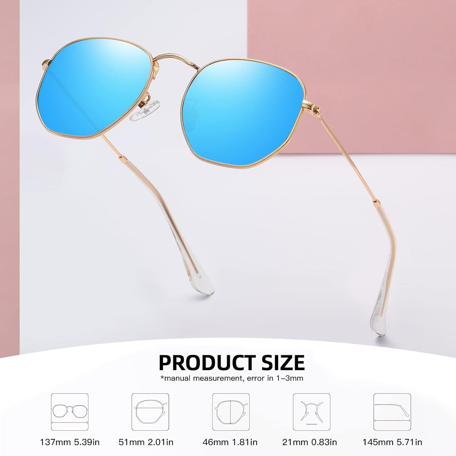 Polarized Hexagon Sunglasses for Women Men Polygon Square Sun Glasses UV400 Protection Metal Frame