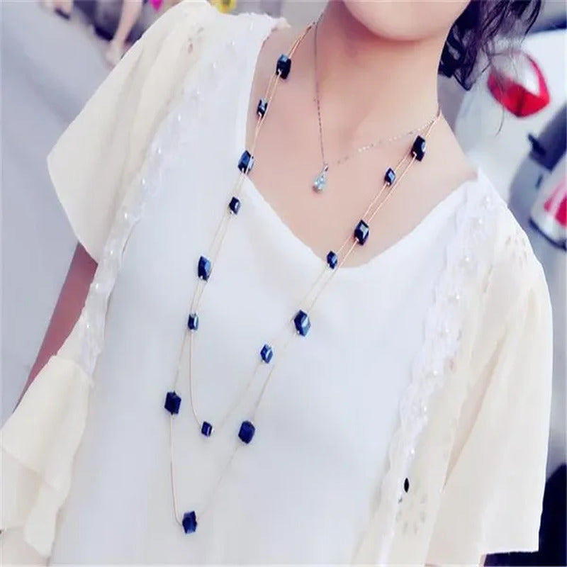 Women'S Square Long Chain Sweater Necklace Fashion Jewelry Double Long Tassel Ne
