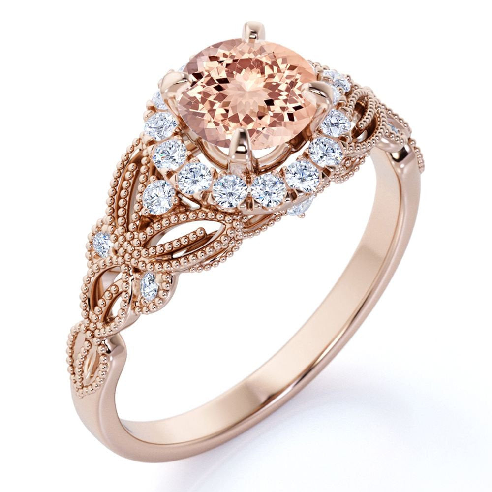1.25 Carat Peach Pink Created Morganite (Round Shaped Created Morganite) and Dia