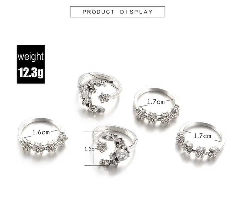 YOHAPP 5Pcs/Set Women Sterling Silver Boho Fashion Moon Diamond Ring Finger Knuc