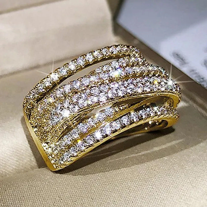 Multi-Layer Design 18K Gold Micro Pave Diamond Bridal Wedding Rings for Women En
