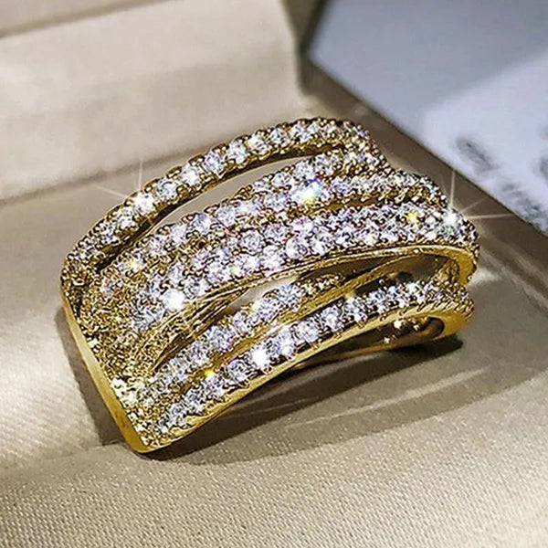 Multi-Layer Design 18K Gold Micro Pave Diamond Bridal Wedding Rings for Women En