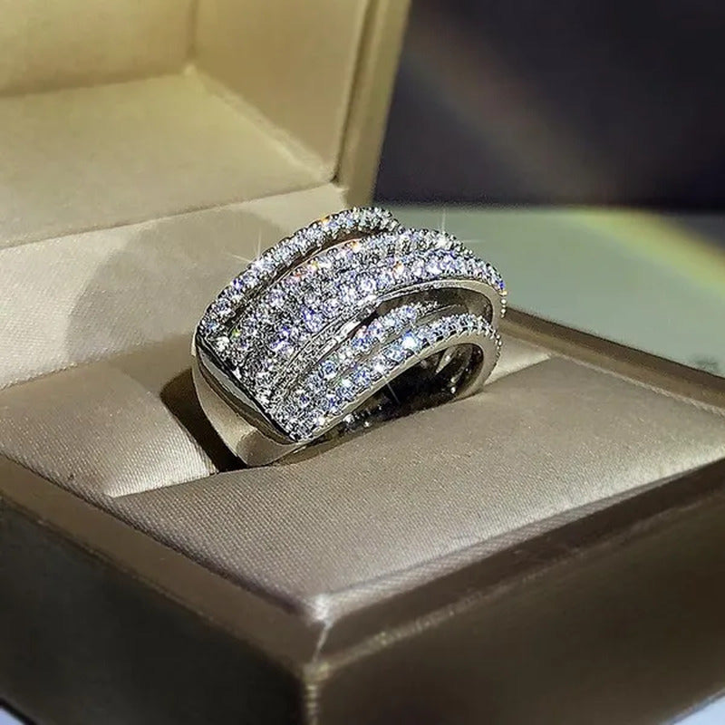 Multi-Layer Design 18K Gold Micro Pave Diamond Bridal Wedding Rings for Women En