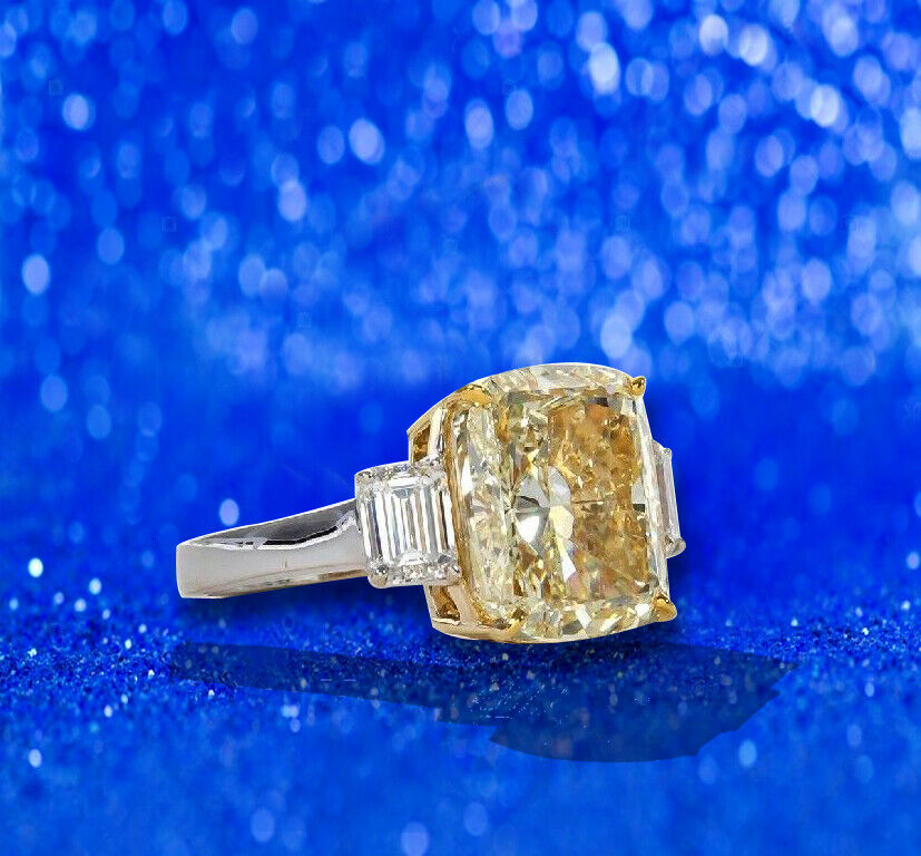 GIA GEMOLOGIST FANCY YELLOW CUSHION SET 2 SIDE EMERALD DIAMOND ENGAGEMENT RING