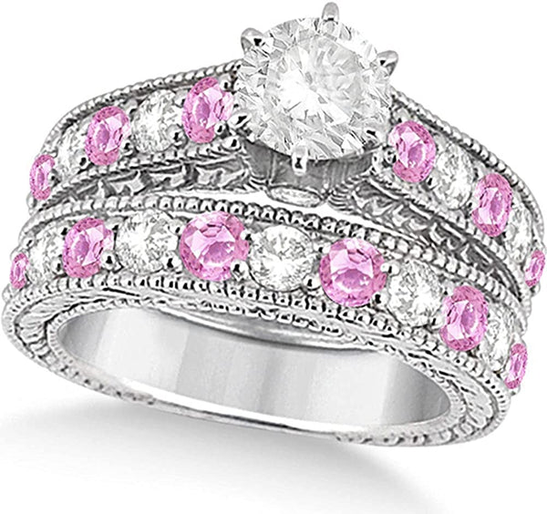 Women'S Antique Diamond and Pink Sapphire Bridal Ring Set in Palladium (3.87Ct)