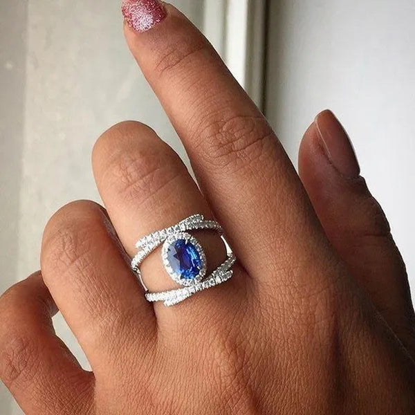 Dazzling Bridal Wedding Jewelry Luxury Blue Sapphire Ring Anniversary Gift Party