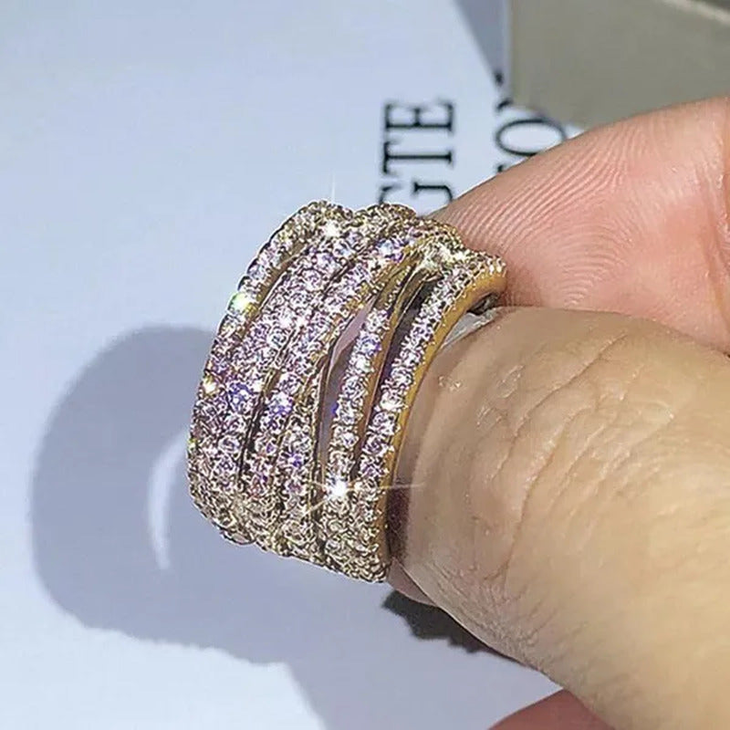 Multi-Layer Design 18K Gold Micro Pave Diamond Bridal Wedding Rings for Women En