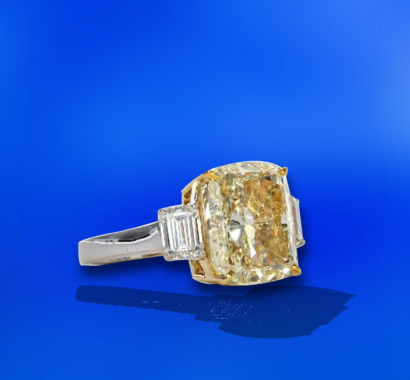 GIA GEMOLOGIST FANCY YELLOW CUSHION SET 2 SIDE EMERALD DIAMOND ENGAGEMENT RING
