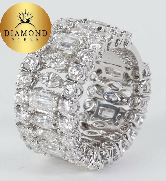 Wide Emerald Marquise and Round Cut Multiple Shape Diamond Gold Band Ring