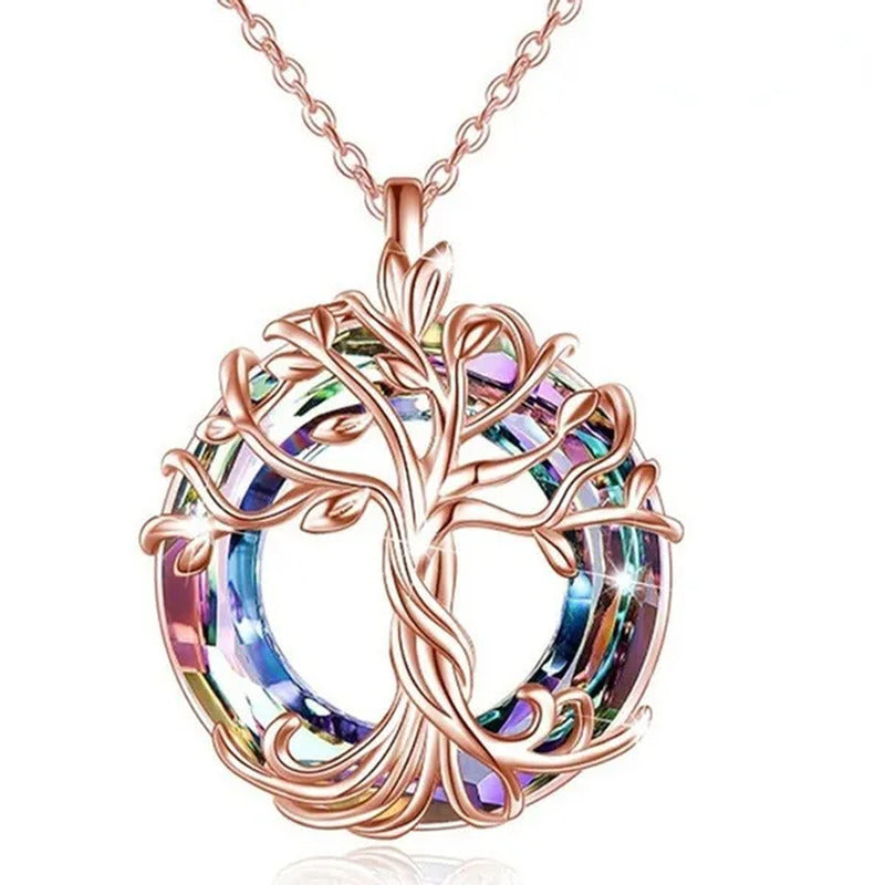 Exquisite Fashion Women'S Life Tree Necklace round Crystal Pendant Engagement Ne