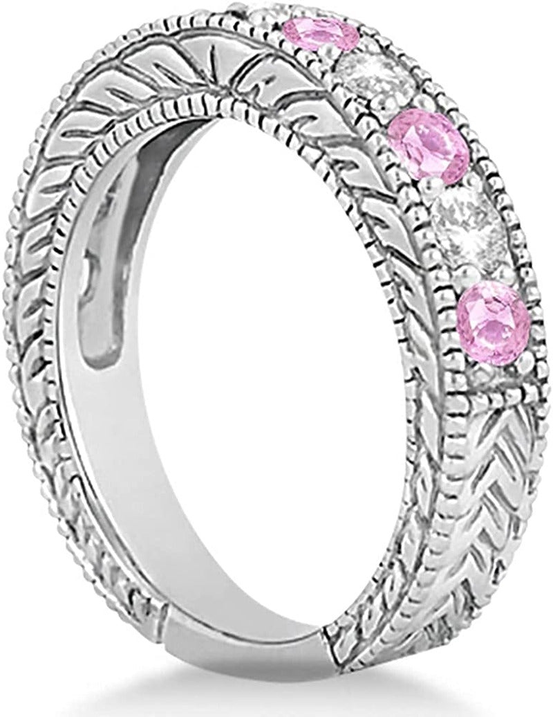 Women'S Antique Diamond and Pink Sapphire Bridal Ring Set in Palladium (3.87Ct)