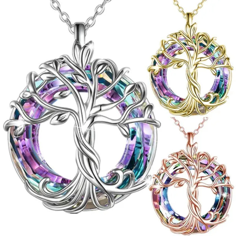 Exquisite Fashion Women'S Life Tree Necklace round Crystal Pendant Engagement Ne