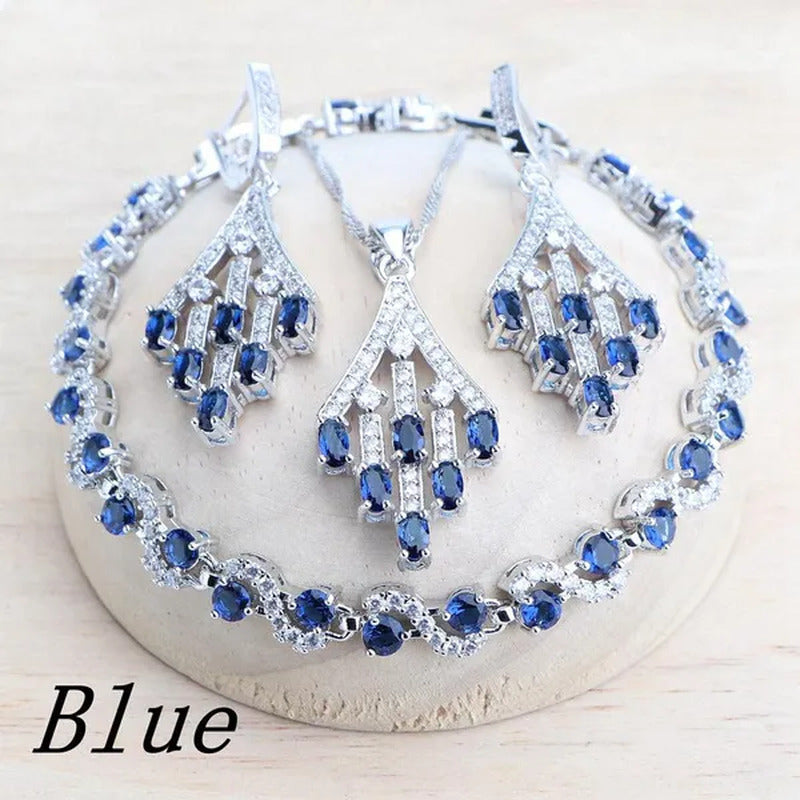 Blue/Red/Green/Purple Zircon 925 Silver Jewelry Set for Women
