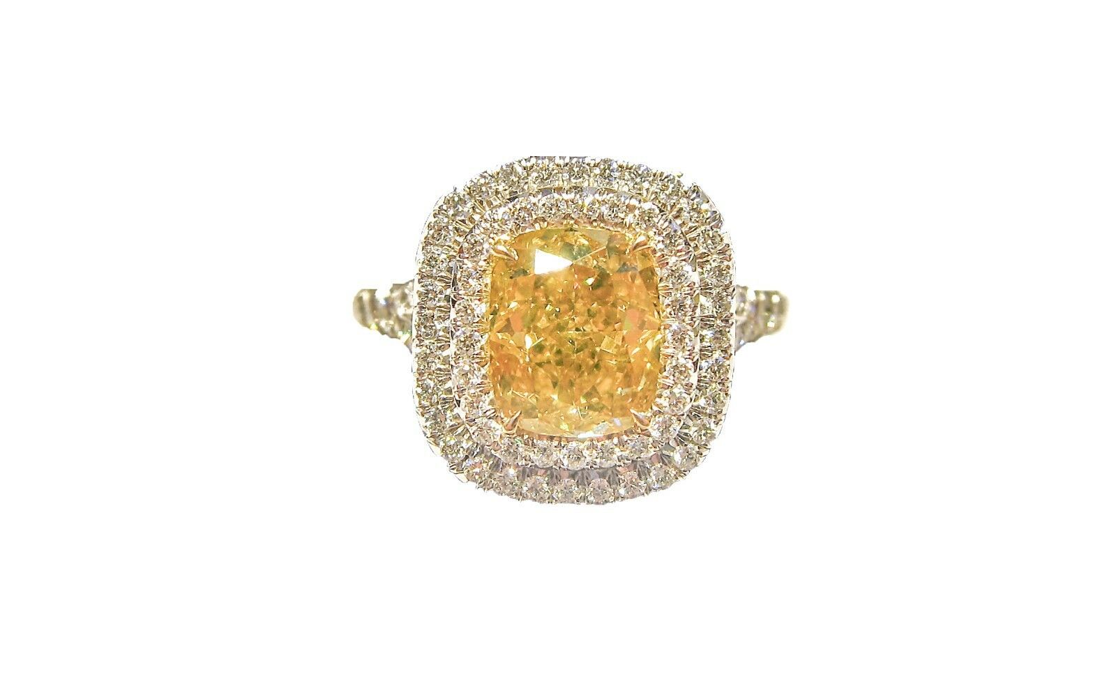 GIA FANCY VIVID YELLOW CUSHION SHAPE DIAMOND SET WHITE ROUND ENGAGEMENT RING