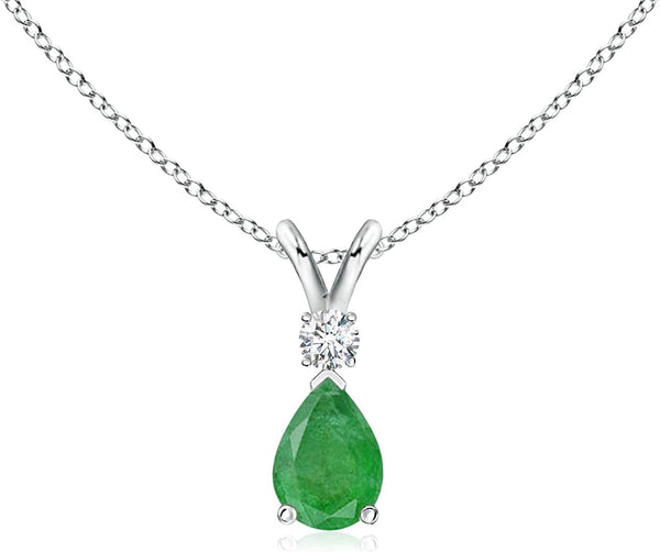 Natural Emerald Teardrop Pendant Necklace with Diamond for Women, Girls in Sterl