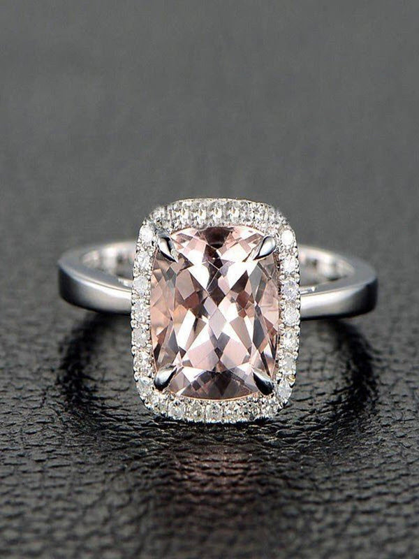 Sale: 1.25 Carat Cushion Cut Peach Pink Morganite and Diamond Halo Engagement Ri