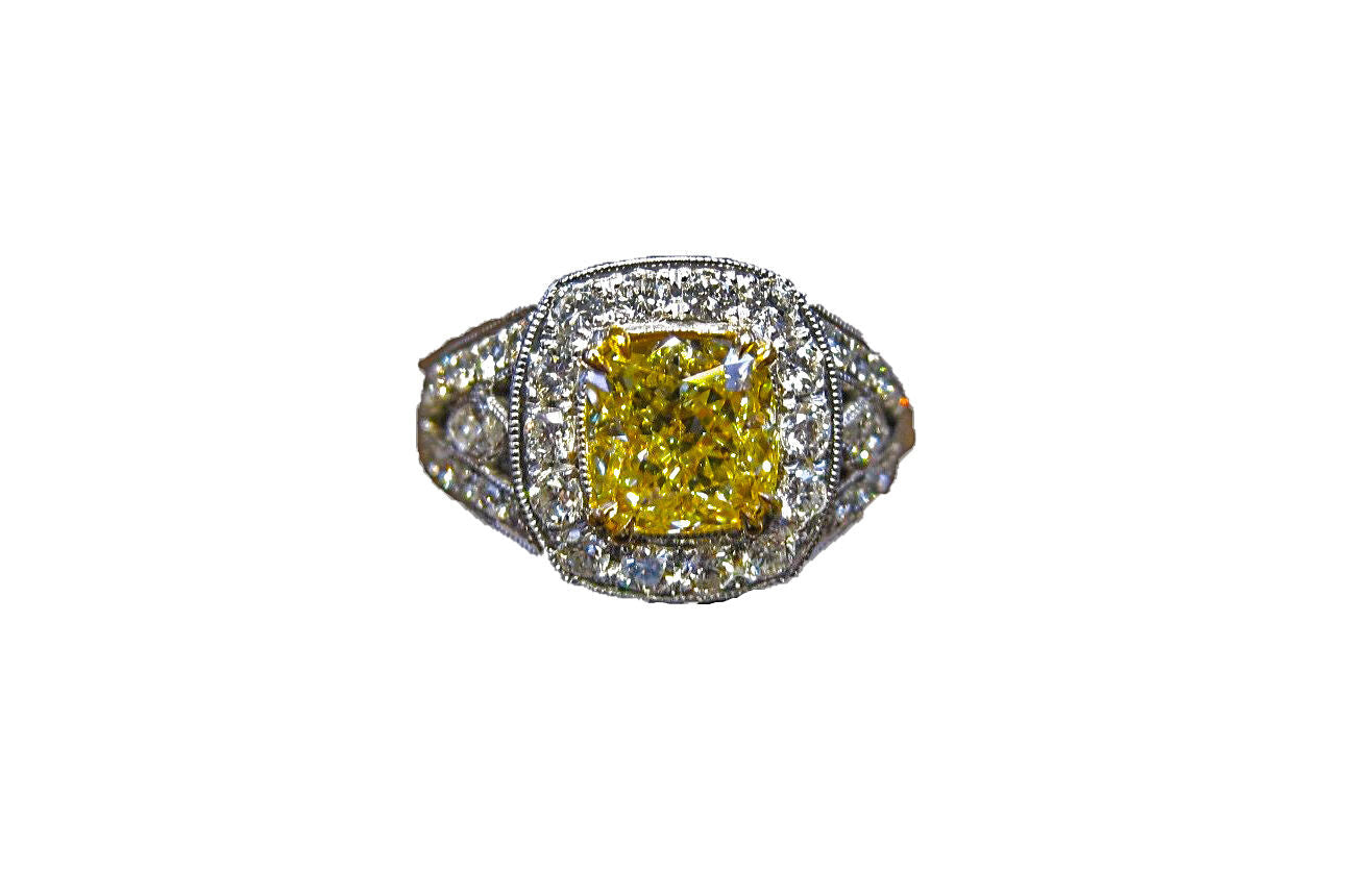 GIA CERTIFIED FANCY YELLOW DIAMOND CUSHION SHAPE DIAMOND ENGAGEMENT RING
