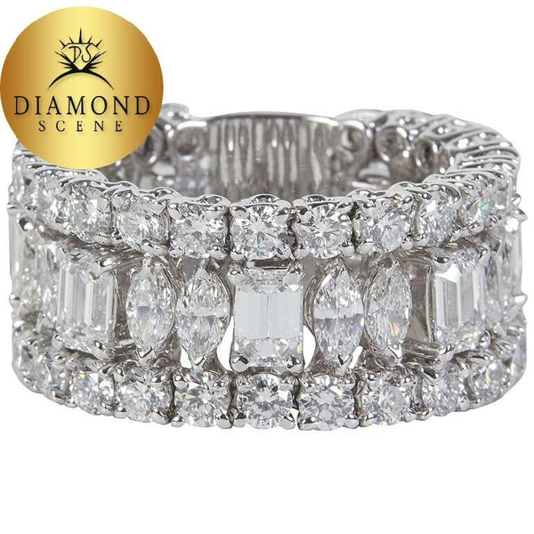 Wide Emerald Marquise and Round Cut Multiple Shape Diamond Gold Band Ring