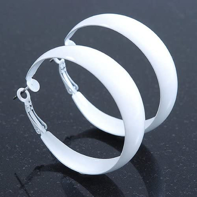 Wide Medium White Enamel Hoop Earrings - 40Mm Diameter